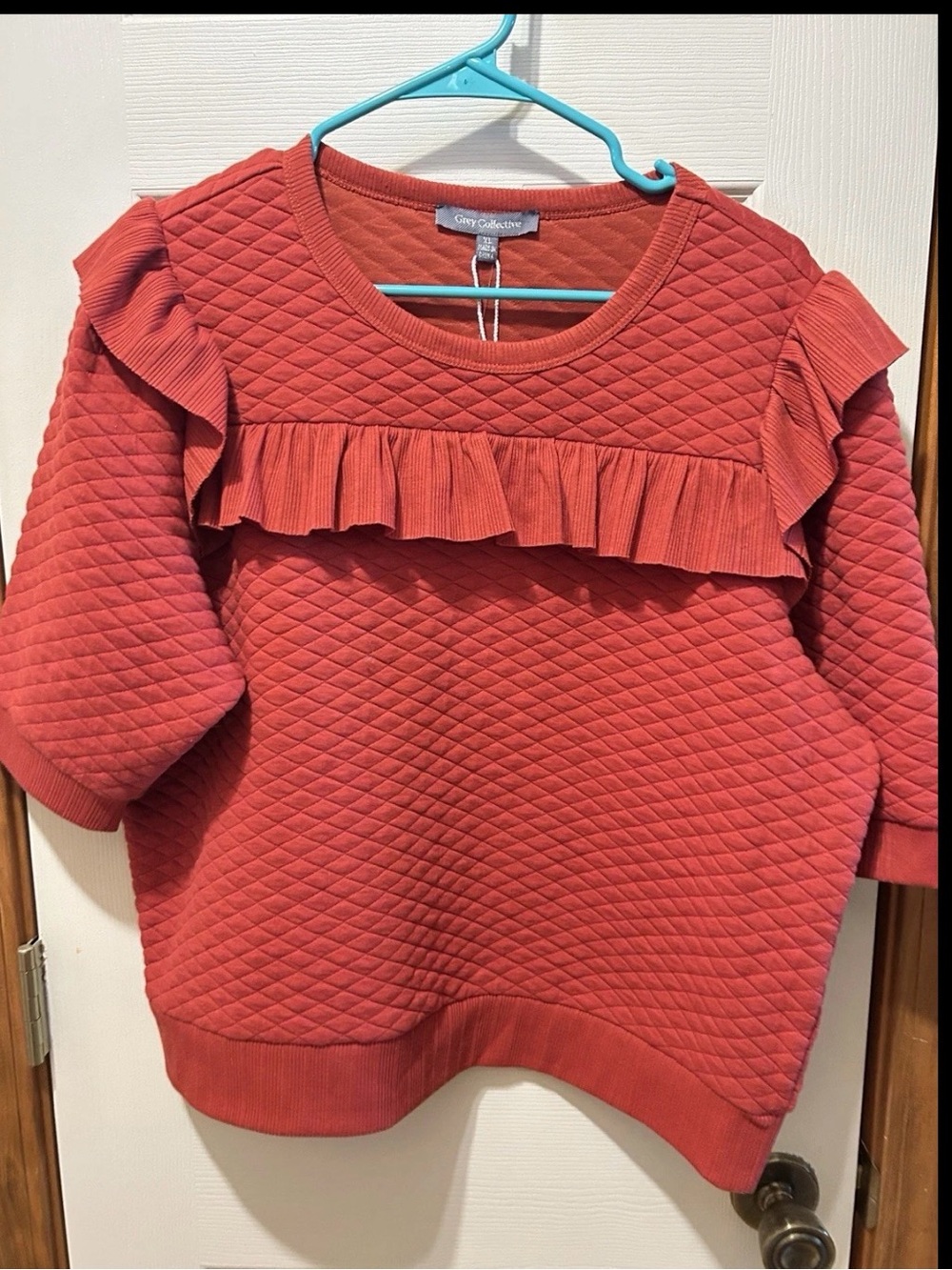 Grey Collective Women's Quilted Ruffle Sweatshirt - Coral Red NWT